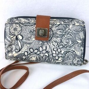 Sakroots Artist Circle Crossbody Wallet Black White Floral Doodle Print Bag
